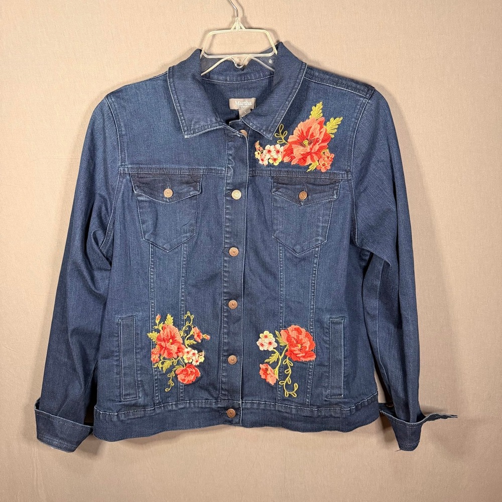 Martha Stewart Floral Embroidered Denim Jacket Blue Stretch Trucker Womens Large